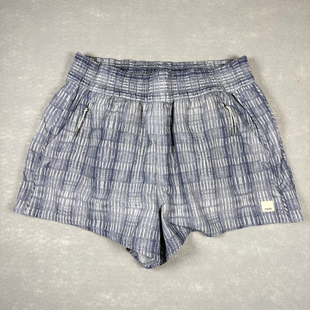 Womens Vuori running shorts - dash grid blue gray zip pockets unlined size M